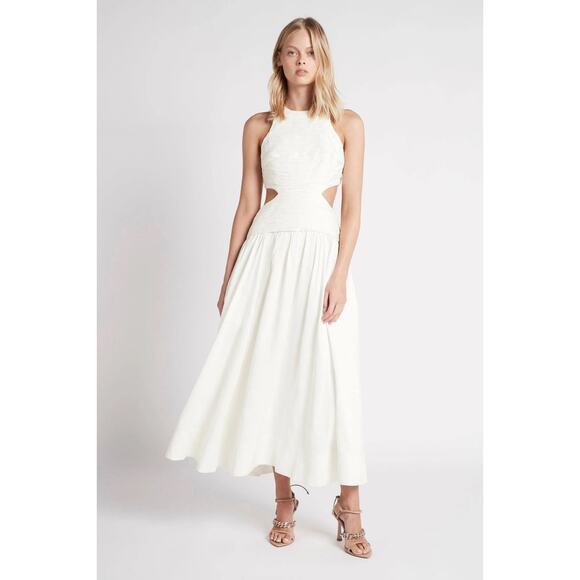 Aje Introspect Ivory White Cut Out Pleated Linen Blend A-Line Midi Dress  Size 8